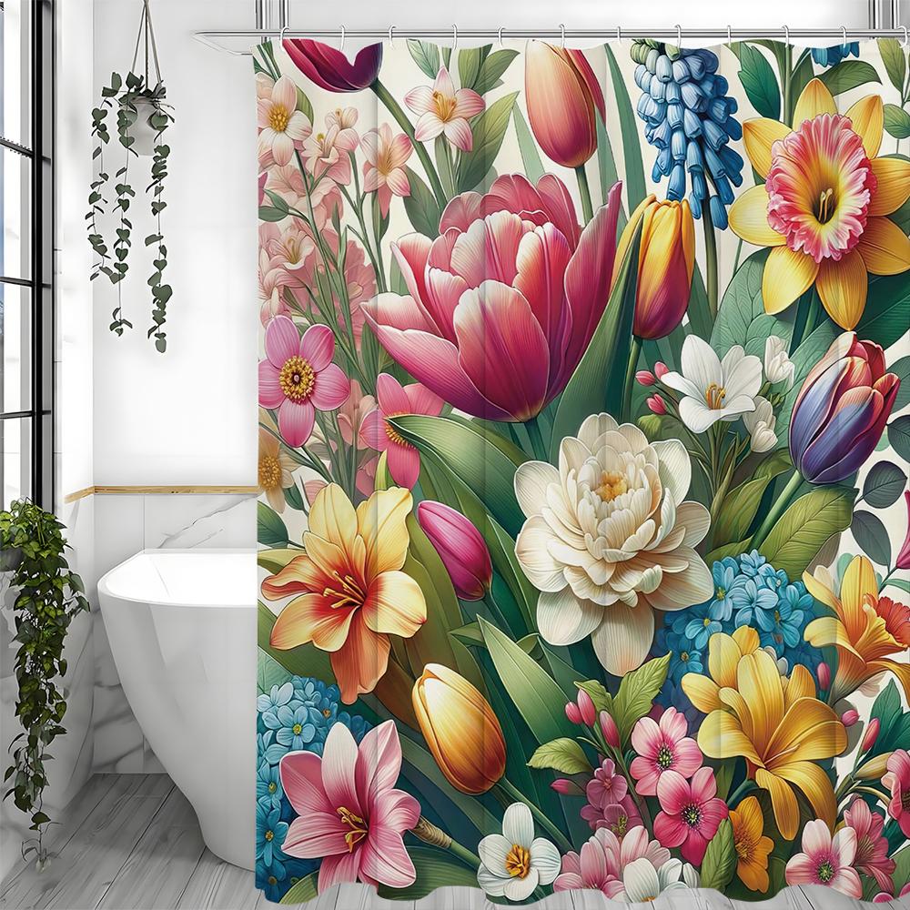 Spring Colorful Floral Botanical Shower Curtain, Bathroom Decorative Shower Curtain, Waterproof Shower Curtain with Hooks