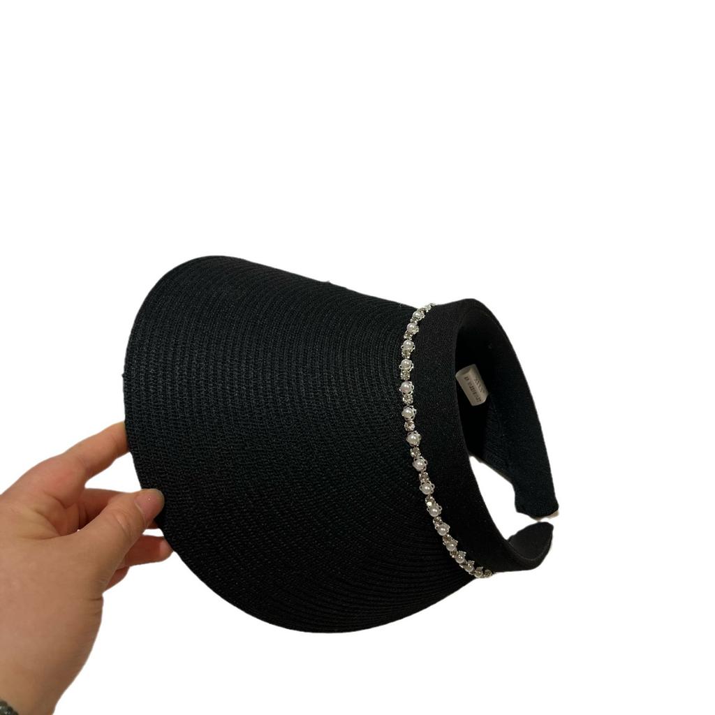 French Small Fragrant Wind Pearl Rhinestone Sun Hat Summer PP Encrypted Woven Sun Hat Washable Empty Top Hat