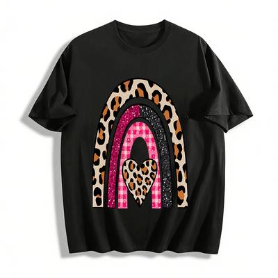 Leopard Print Rainbow Heart Graphic Casual Top Pure Cotton T-shirt