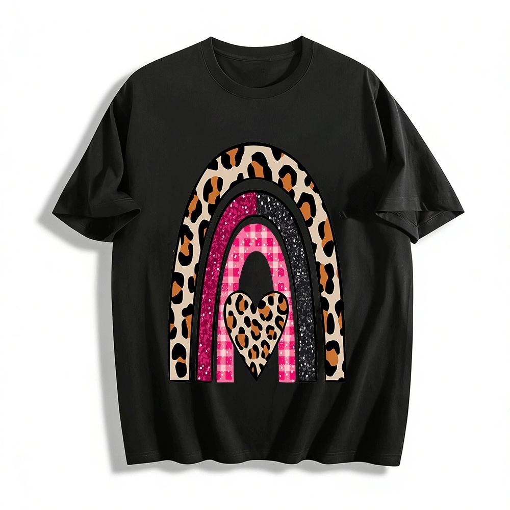 

Leopard Print Rainbow Heart Graphic Casual Top Pure cotton T-shirt 6XL
