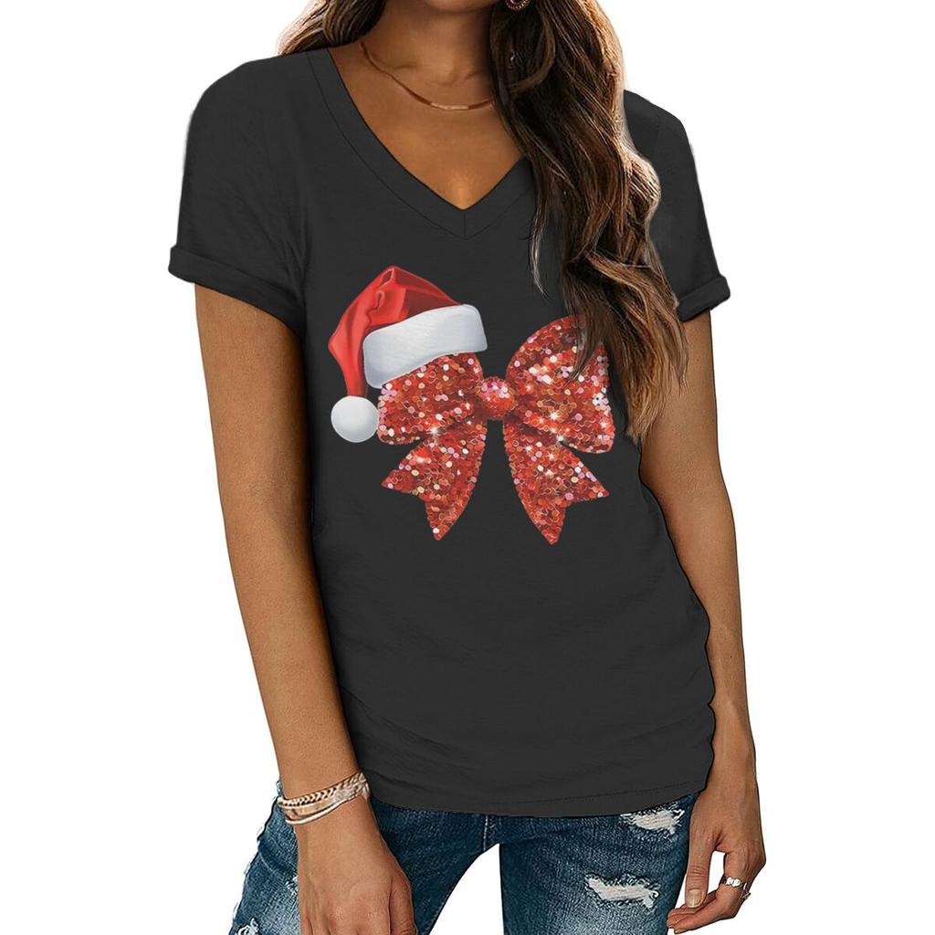 Christmas Santa Hat  Glittery Red Bow TShirt for Women Vneck Festive Holiday Party Tops Women Merry Christmas Soft Tee