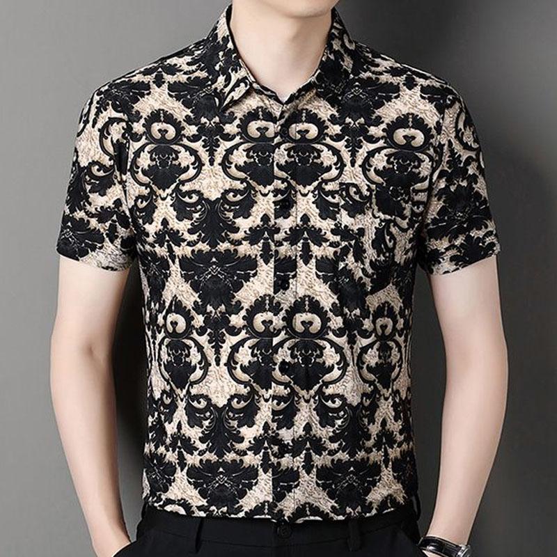 

Летняя тонкая рубашка с коротким рукавом из ледяного шелка, новая мужская повседневная рубашка с принтом для мужчин среднего возраста, не требующая глажки для папы 4XL чёрный