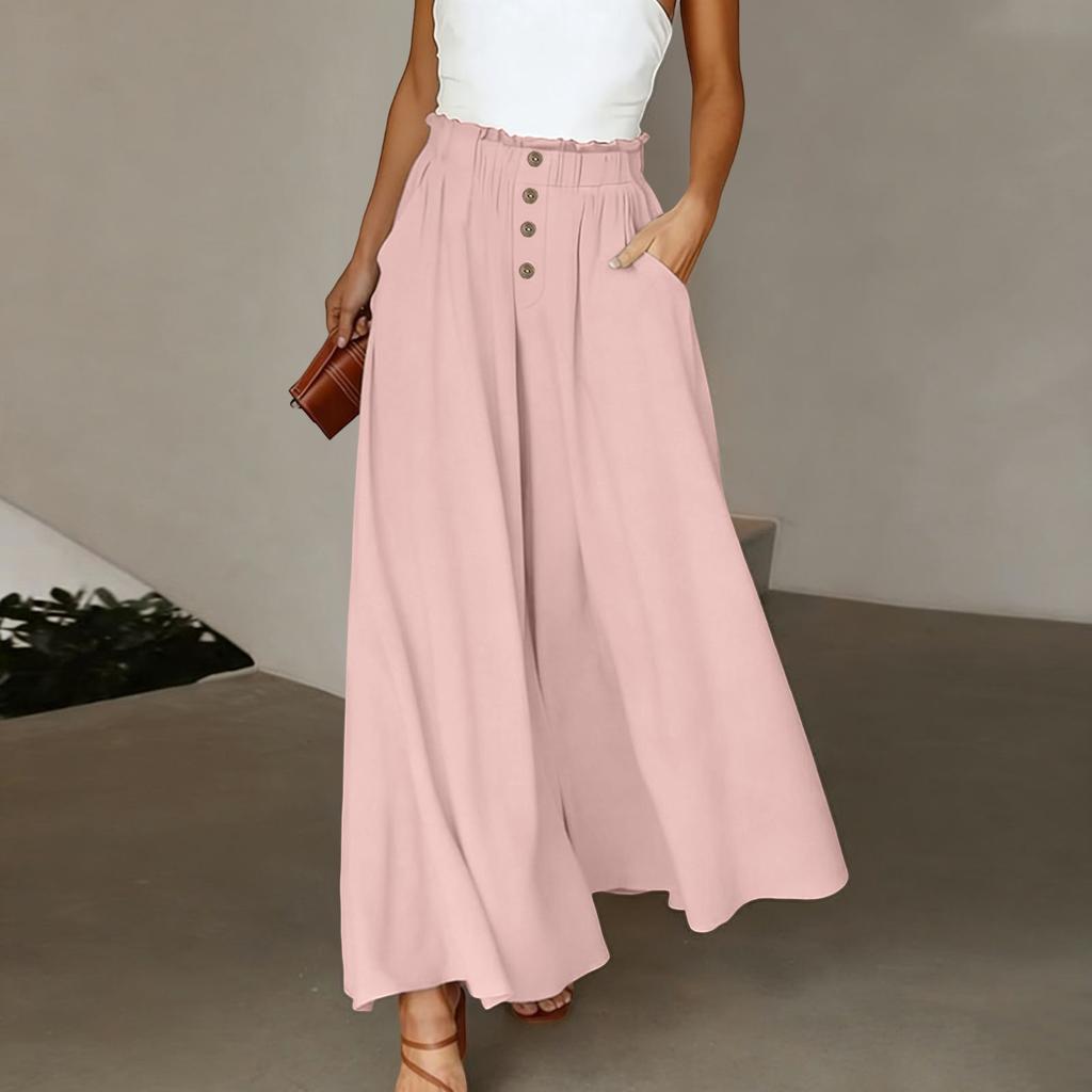 Linen Casual Wide Leg Pants For Women Elastic Waist Versatile Business Casual Work Palazzo Trousers With Pockets