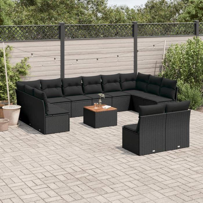 VidaXL Salon de Jardin avec Coussins 13 pcs, Canapés de Terrasse, Ensemble de Meubles de Patio, Mobilier d'Extérieur, Noir 3256223