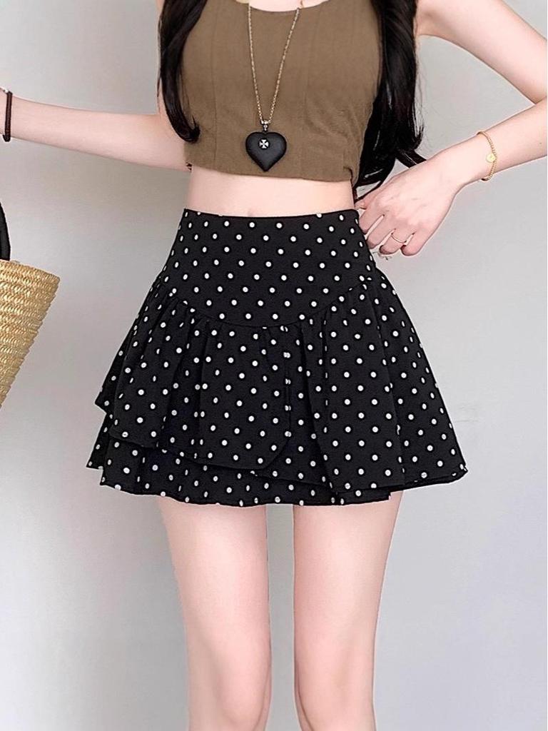 Women's Gray Polka Dot Ruffled Mini Skirt - High Waist, Fluffy, Slimming, Irregular Hem