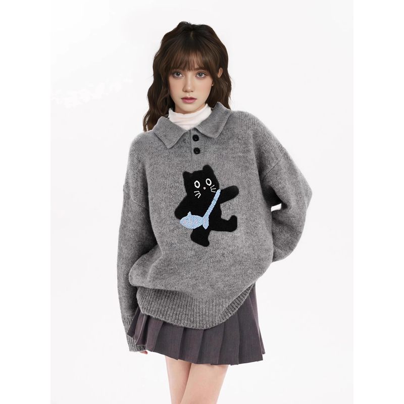 

Gray Polo Lapel Cat Pullover Inner wear Sweater Women Autumn and Winter Thickened Loose Lazy High Sense Knit Grey M