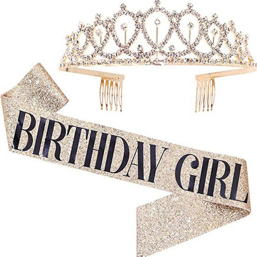 Birthday-Girl Crown Set, Sparkling Crown With The Same Shoulder Strap Birthday Gifts Decorations For Girls