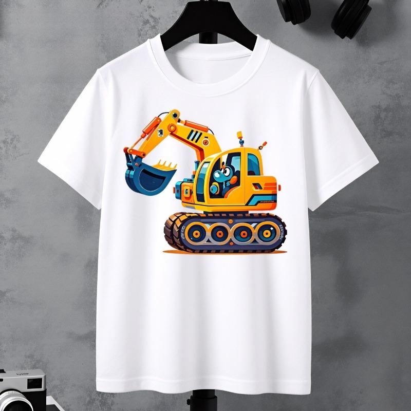 T-shirt da bambino con stampa di escavatore colorato a cartoni animati, girocollo, manica corta