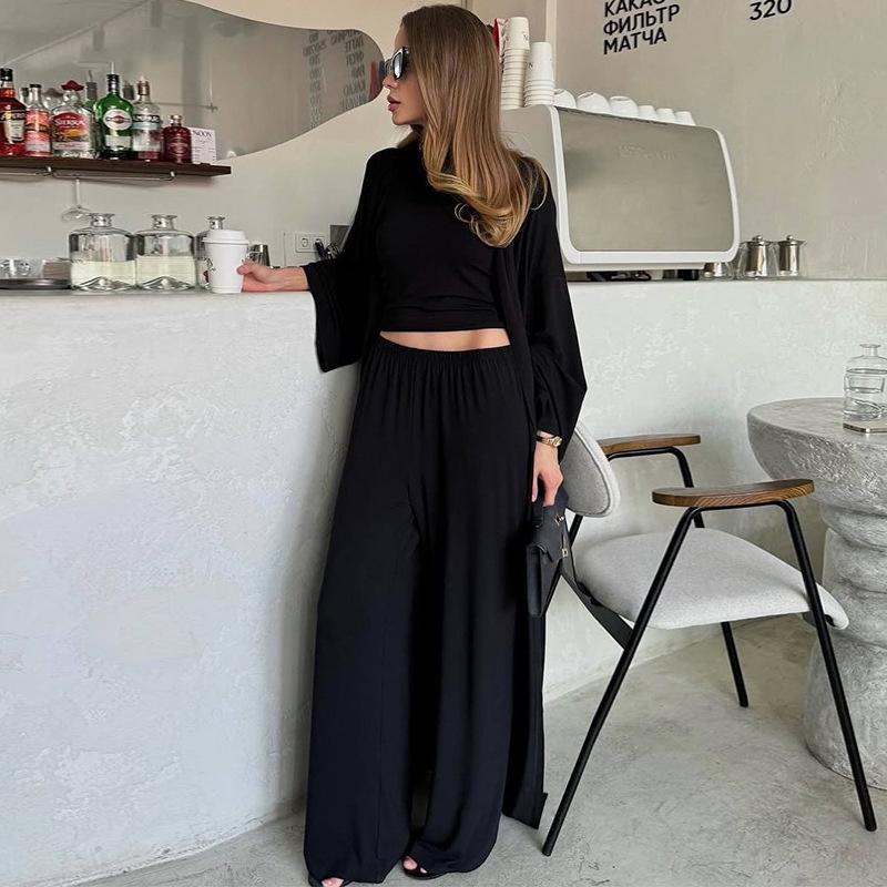 Women's 2026 Summer New Casual Long Cardigan Long Sleeve Top High Waist Long Pants Fashion Set