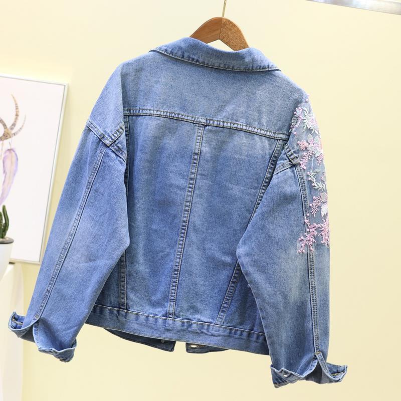 Embroidery Denim Short Jacket Female Spring Autumn Applique Diamond Holes Coat Loose Tops Student Jean Outerwear Jackets