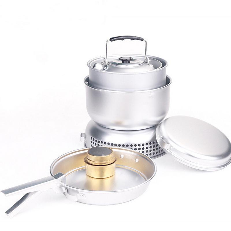 Windproof Camping Alcohol Stove Set with White Aluminum Cookware and Portable Gas Stove