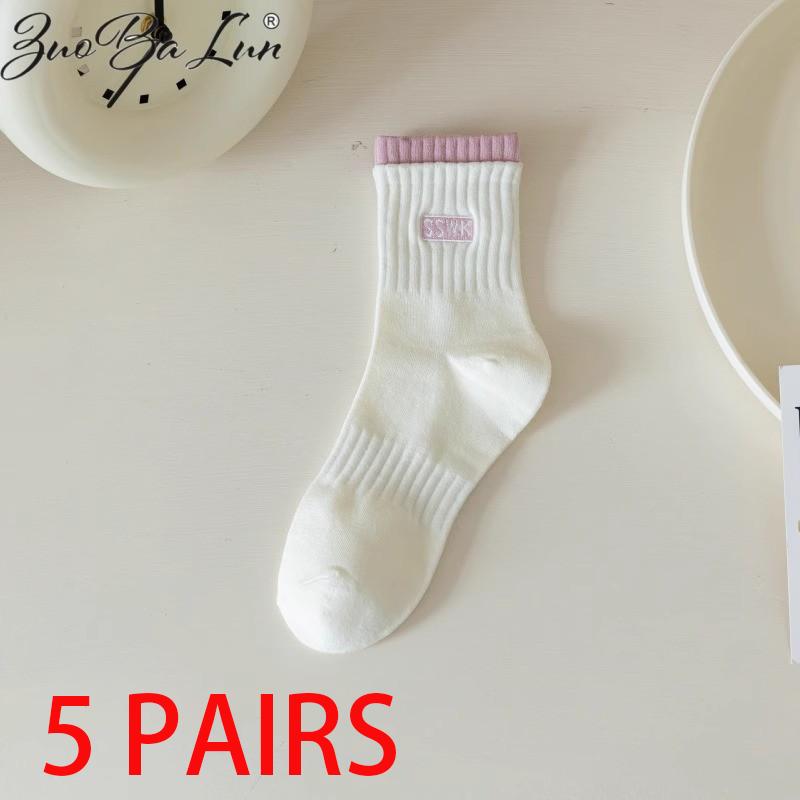 

5 пар женских хлопковых носков средней длины, бесшовные, дышащие, однотонные, повседневные one size