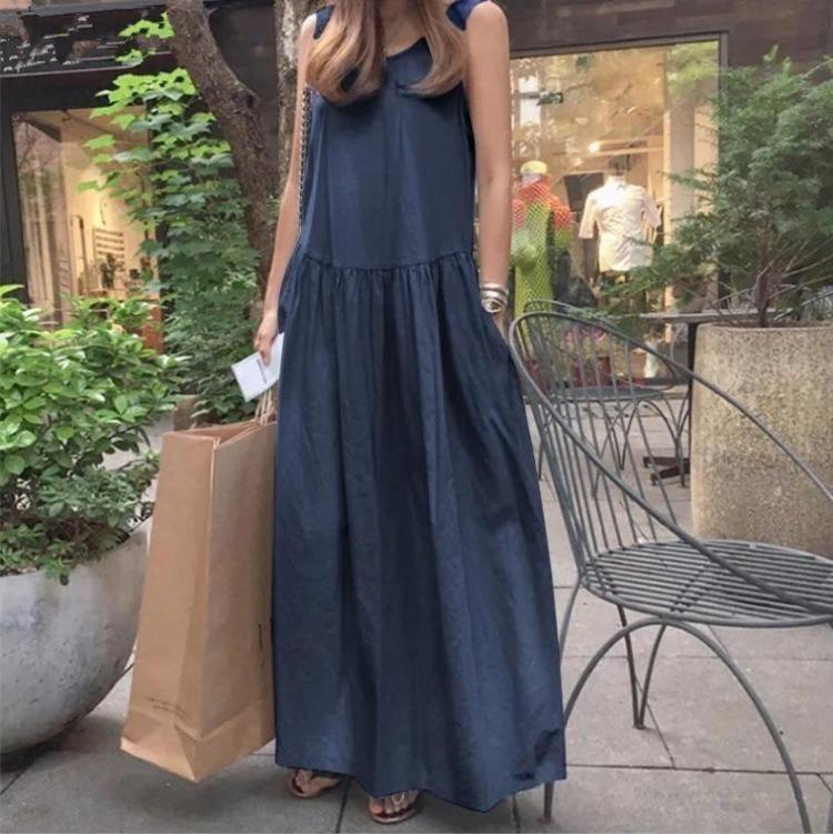 Summer Beach Party Dress Women Casual Sleeveless A Line Swing Dress Round Neck Solid Color