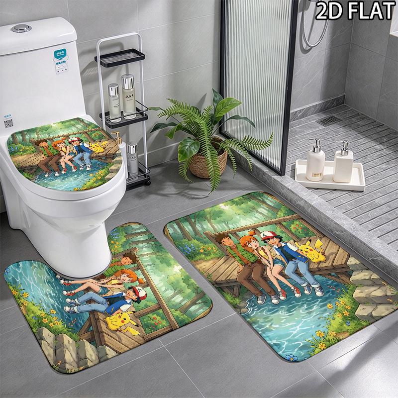 3pcs Ash Ketchum Pikachu Art Pattern Flannel Nonslip Absorbent Washable Decorative Bathroom Home Toilet Seat Cover Mat