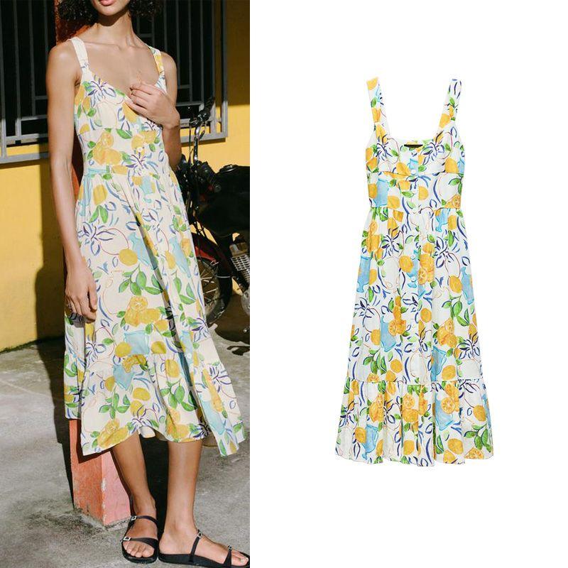 Spring New Sea Edge Vacation Style Round Neck Wide Shoulder Strap Linen Blend Print Midi Skirt Dress 3611306