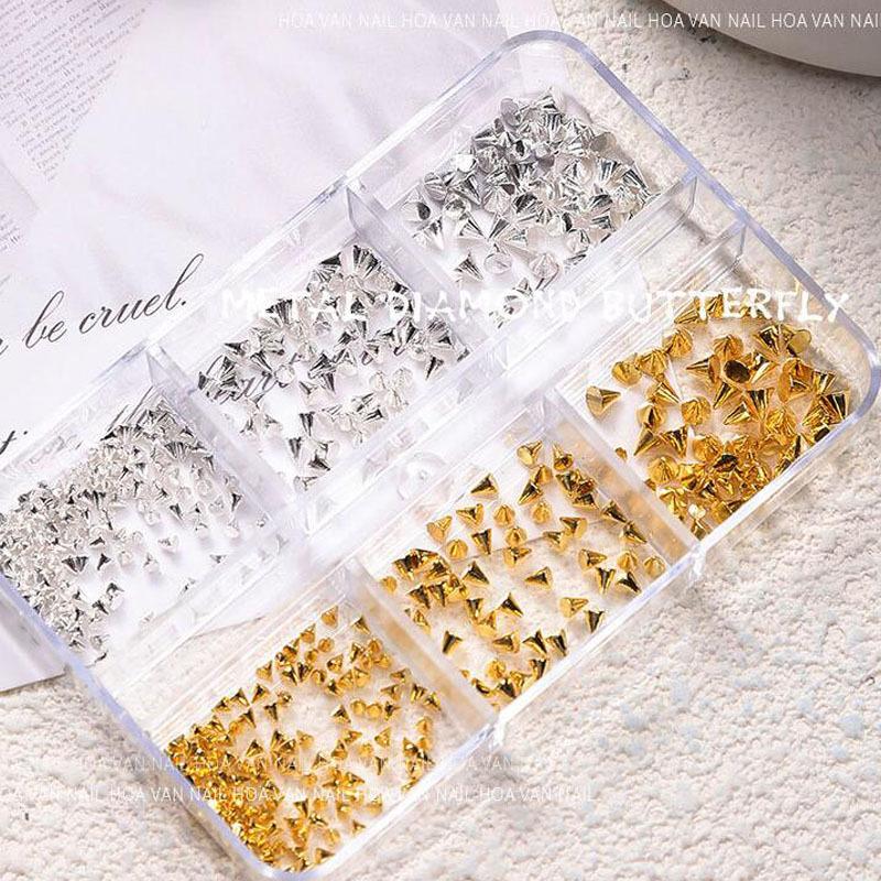 6 Grids Punk Style Flat-Back Metal Nail Art Rivet Pyramid-Shaped Charms Studs Accessories For Manicure Nails Decoration Supplies
