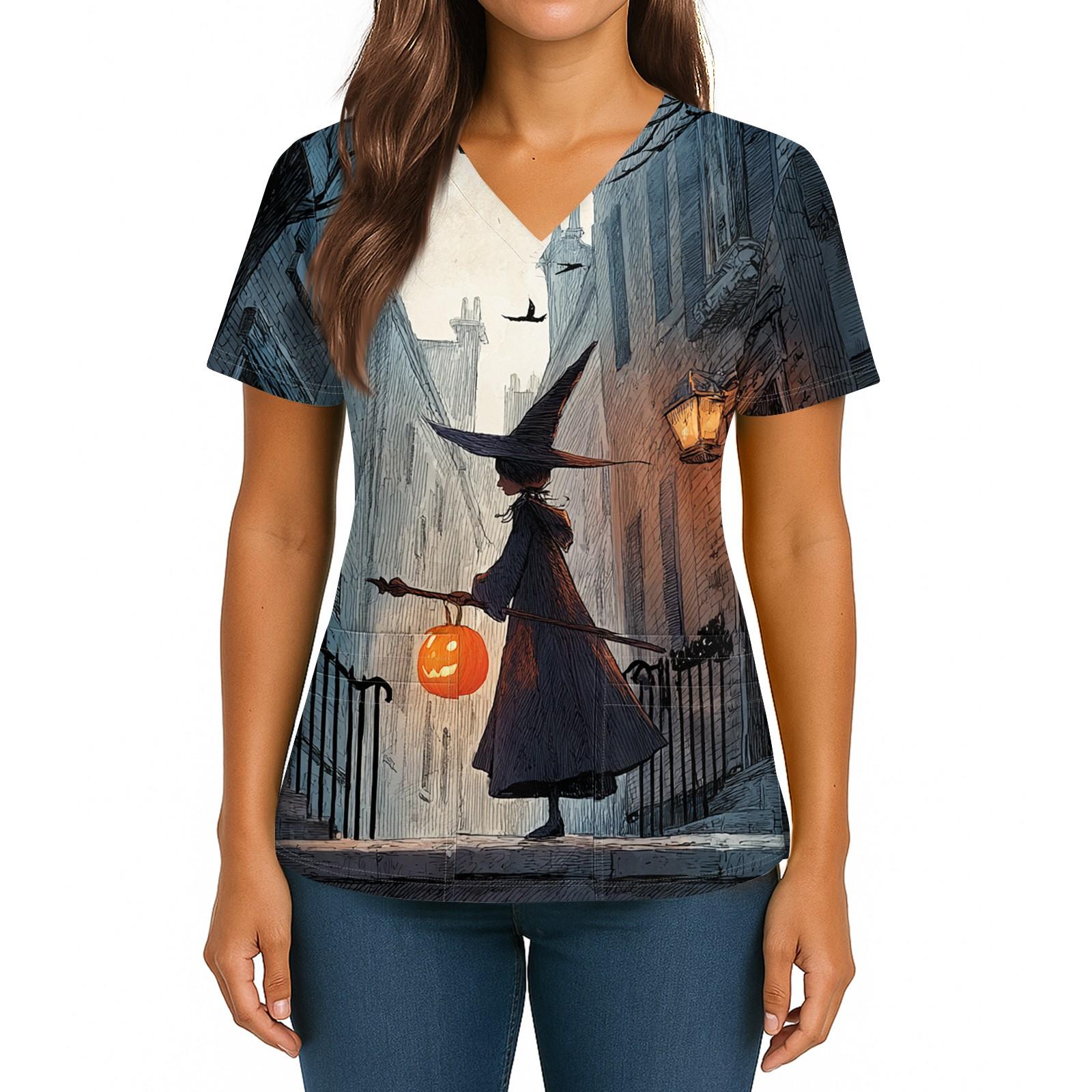 

Women s Halloween Printed V-Neck Double Pocket Short Sleeves Hem Slit Uniform Caregiver Top XXL
