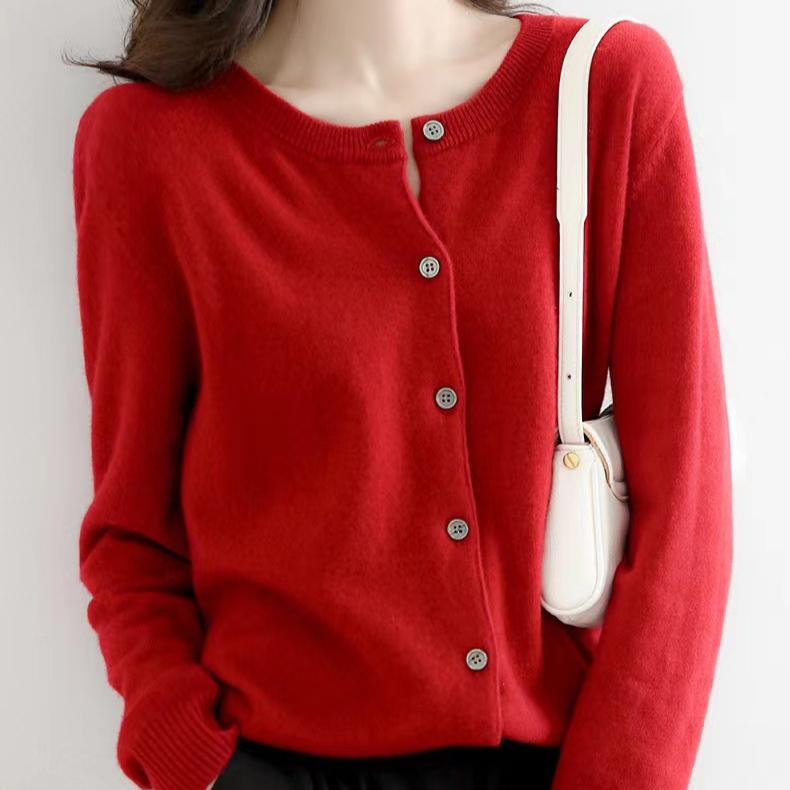 Herbst- und Winterstrickjacke Damen Lockerer Pullover Rundhalsjacke Lässige Strickjacke Einfarbiges Basisstrickjacken-Jacket