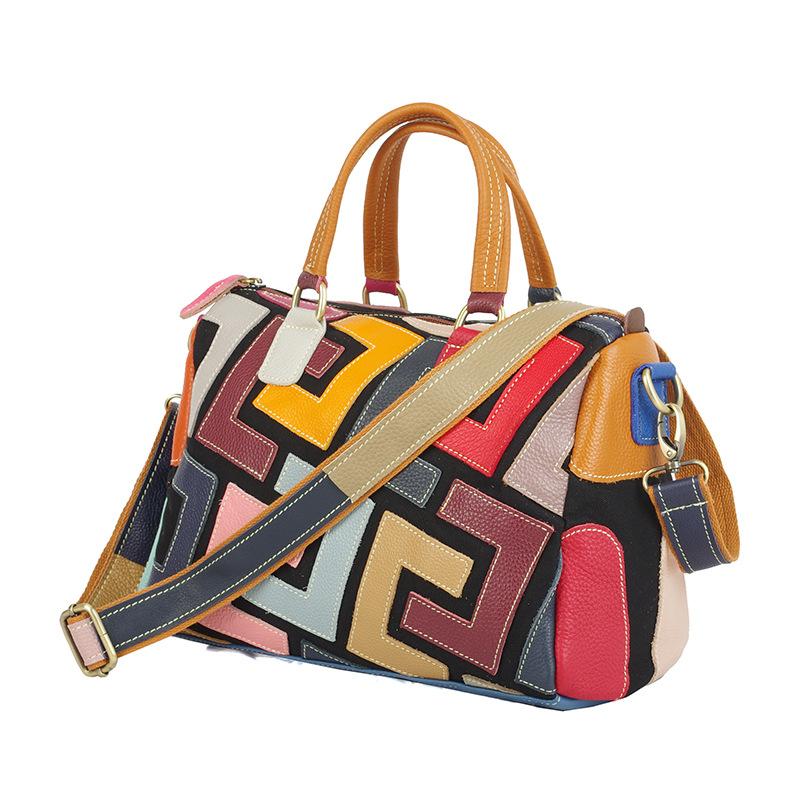 Women S Leather Handbag Cowhide Pattern Contrast Color Women S Shoulder Messenger Bag Versatile Trend