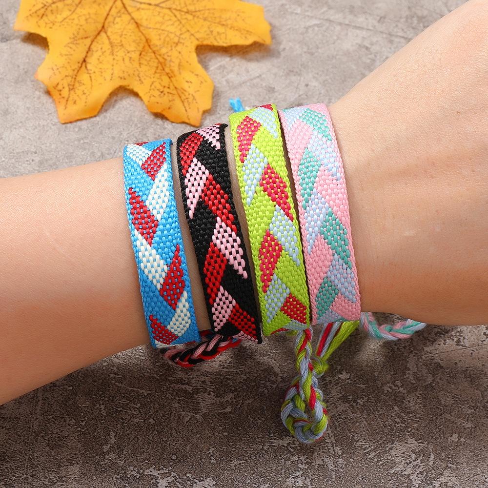 Bohemian Style Women's Bracelet With Colorful Nepalese Tassel And Geometric Diamond Pattern