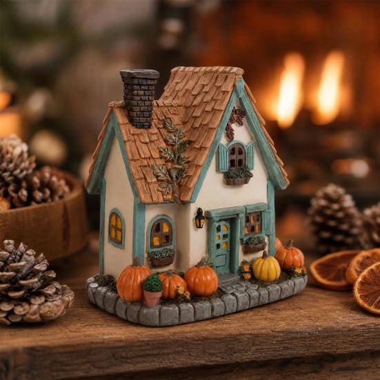 Kürbishaus Miniatur, Harz Herbsternte Dekoration mit handgeschnitzter Kacheltextur und Kürbisdetails, Retro Britisches Holzhaus für Halloween