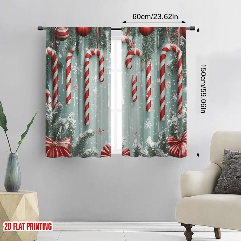 2pcs,2D Plane Printing Curtains Digital Printed Christmas Candy Cane Ornaments Snow (4) Versatile Polyester Fabric (without Rod)