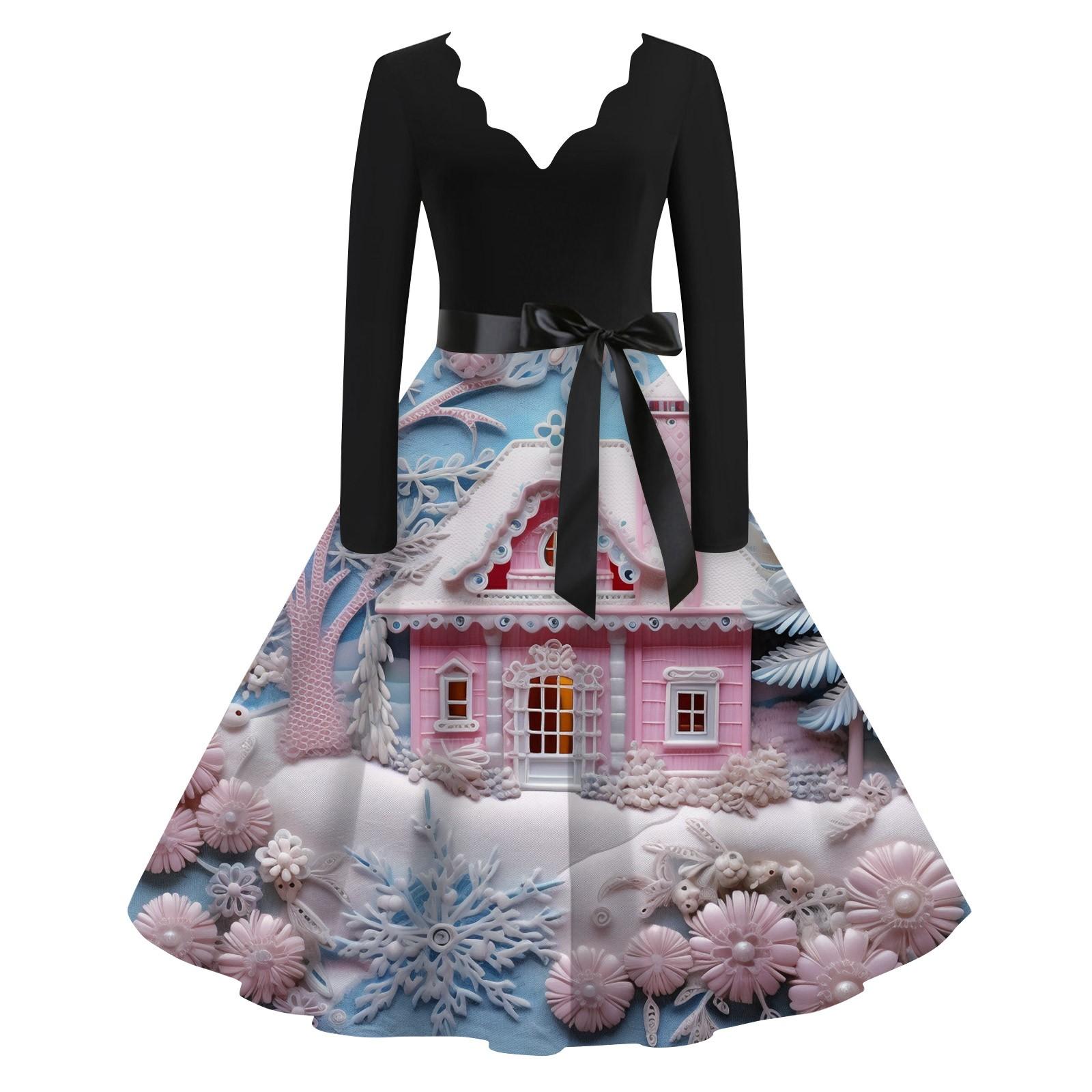 

Женское повседневное и модное рождественское платье с V-образным вырезом и большим подолом, длинное платье с рукавами XL розовый