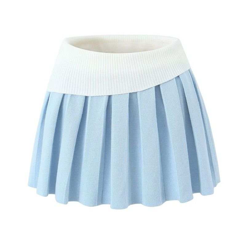 

Nana American Dopamine Crop Top Square Collar Suit Skirt Blue Knitting Pleated Skirt(High quality) M