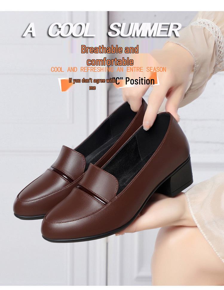 2025 Spring/Autumn Comfortable Soft Leather Chunky Heel Shoes for Women - Versatile for Middle-Aged and Elderly