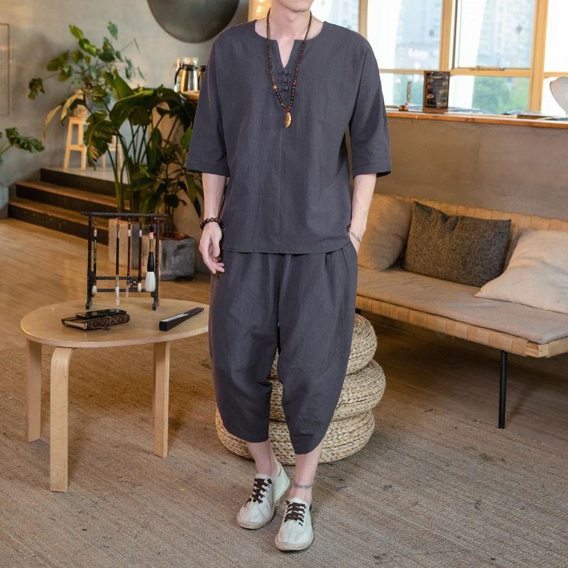 

Летний комплект из хлопка и льна, мужской повседневный уличный костюм из двух предметов, одежда для дома, удобные дышащие пляжные пижамы с короткими рукавами M темно-серого