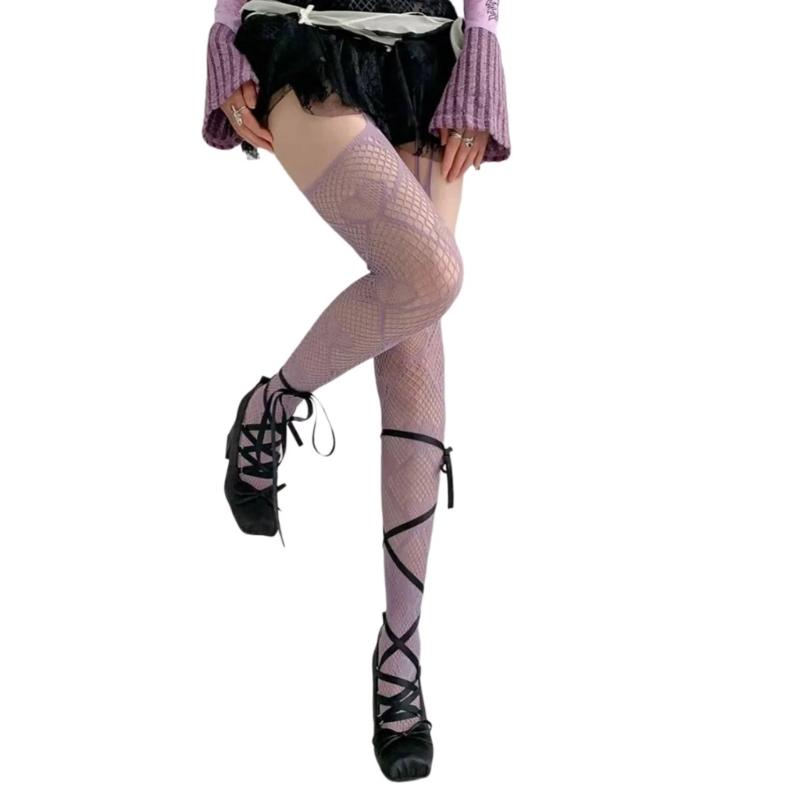 Women Gothic Fishnet Mesh Thigh High Stockings Sweet Heart Patterned Hollowed Garter Belt Pantyhose Suspender Tights фиолетовый