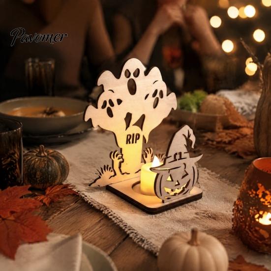 Rustic Log Art Sculpture Halloween Candle Holder, Spooky Pumpkin Bat Shadow Tealight Atmosphere Tabletop Light Vintage Wooden Candlestick Ornament for
