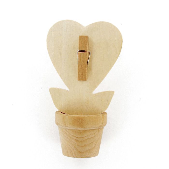 Pot de fleur en bois avec pince Coeur 7,5 x 4 x 11 cm