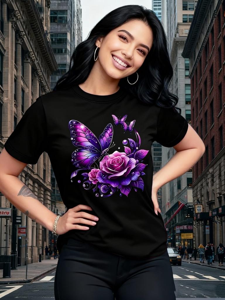 New Butterfly Print T-Shirt Women Printed European Style Short Sleeve Round Neck Tops Oversized T Shirt Summer Women Clothing