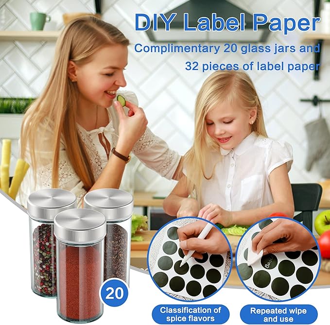 Revolving Spice Rack with 12/16/20 Jars, Rotating Seasoning Organizer with Labels, Stainless Steel Spice Carousel for Kitchen Countertop, Cabinet