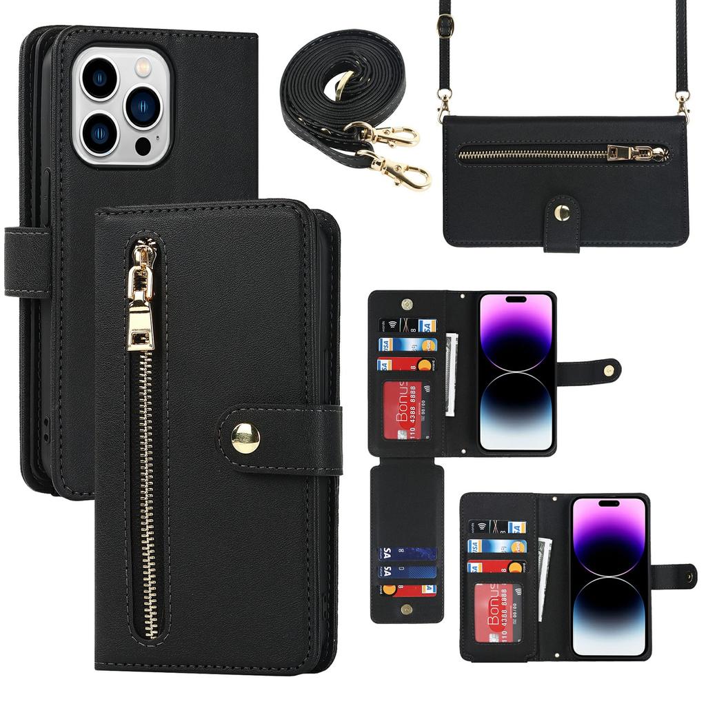 For iPhone 14 Pro Max Stand Case PU Leather Phone Cover with Straps/Zipper Wallet/Multiple Card Slots
