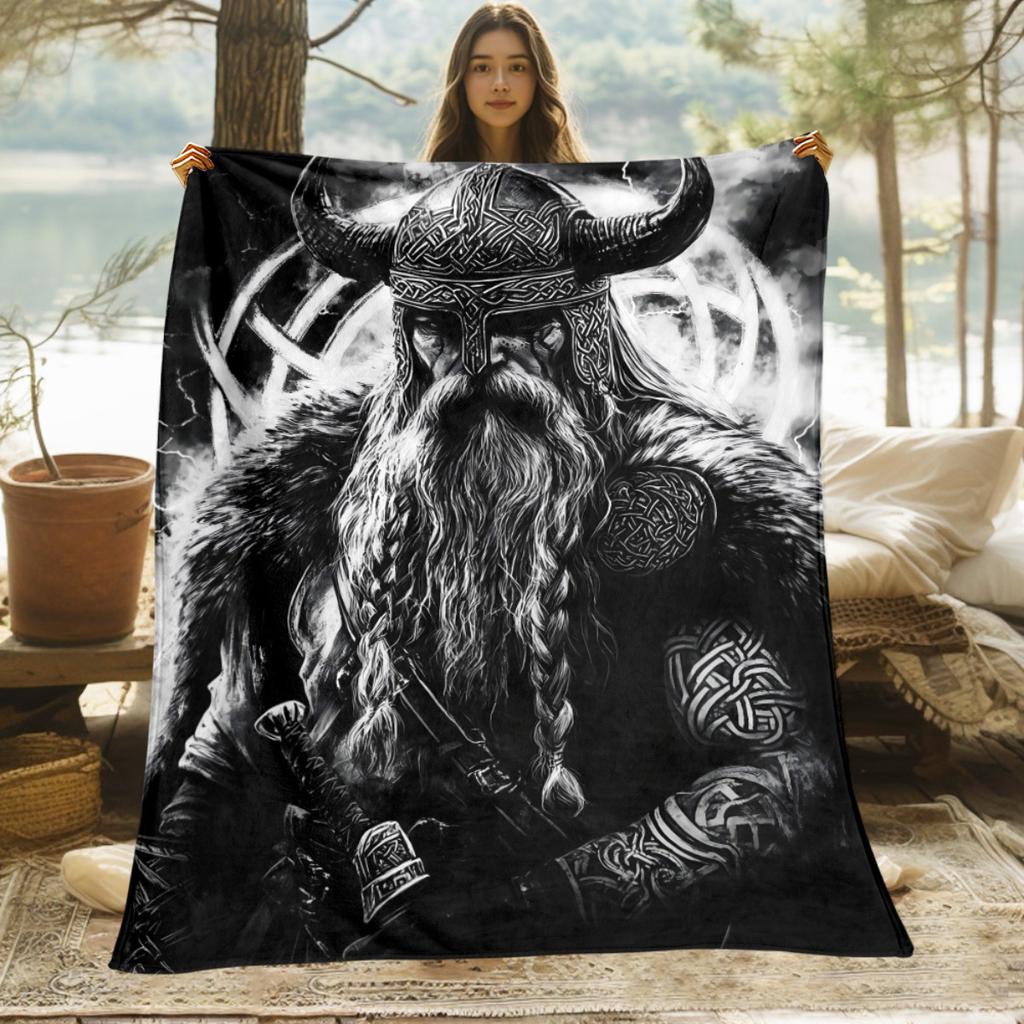Viking Warrior Norse God Odin Flannel Blanket Nordic Mythology Black White Art Soft Throw Cover Men Gift