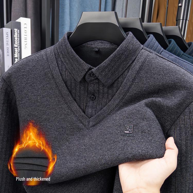 2025 Men's Winter Long Sleeve Lapel Knitwear - Thickened Two-Piece Style, Plus Velvet, Warm Base Layer for Middle-Aged Fathers