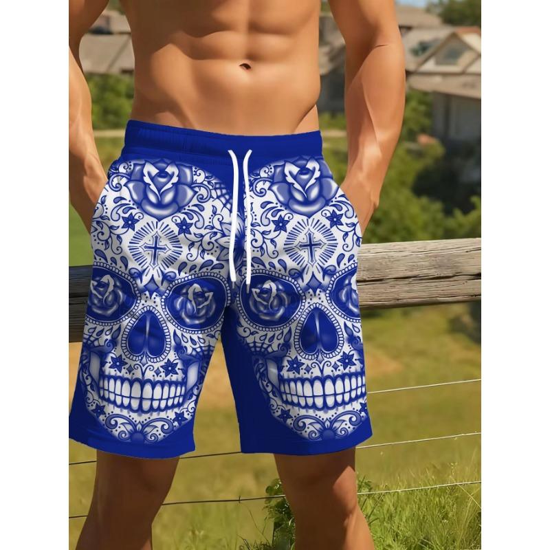 

Men s 3D Skull Print Beach Shorts - Lightweight Polyester Drawstring Waist Swim Shorts M