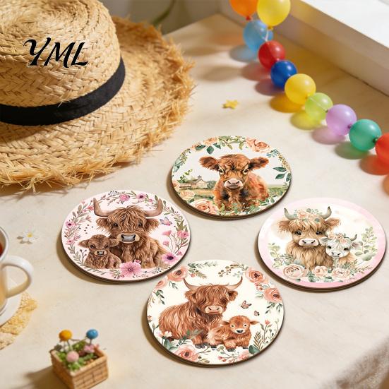 Scratch Resistant Desktop Pads Highland Cow Cork Coasters, Cute Floral Farmhouse Drink Mats with Decorative Home Kitchen Accessories Non-Slip
