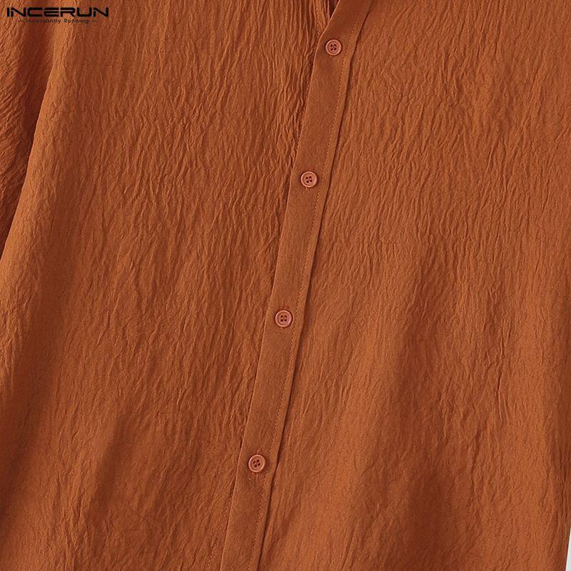 INCERUN Oversized Men Lapel Neck Short Sleeve Cropped Casual Loose Shirts