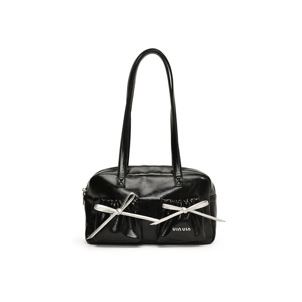 Ielgy Korean Version Trendy Bowknot Pleated Shiny Underarm Bag with Bowknot One-Shoulder Baguette