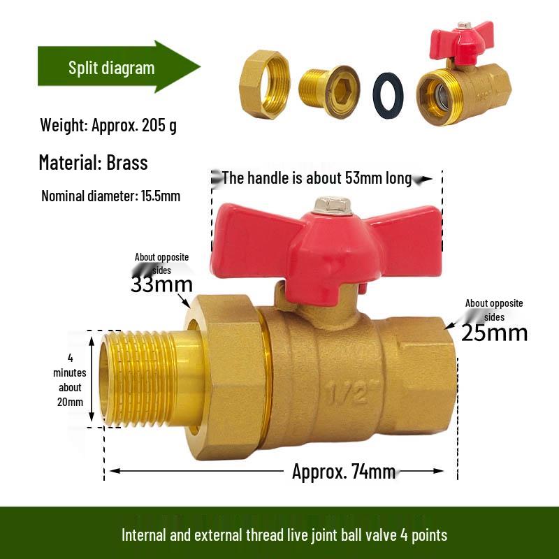 Xiuhui Copper Ball Valve with Male and Female Thread Union for Gas - 1/2", 3/4", 1" Sizes