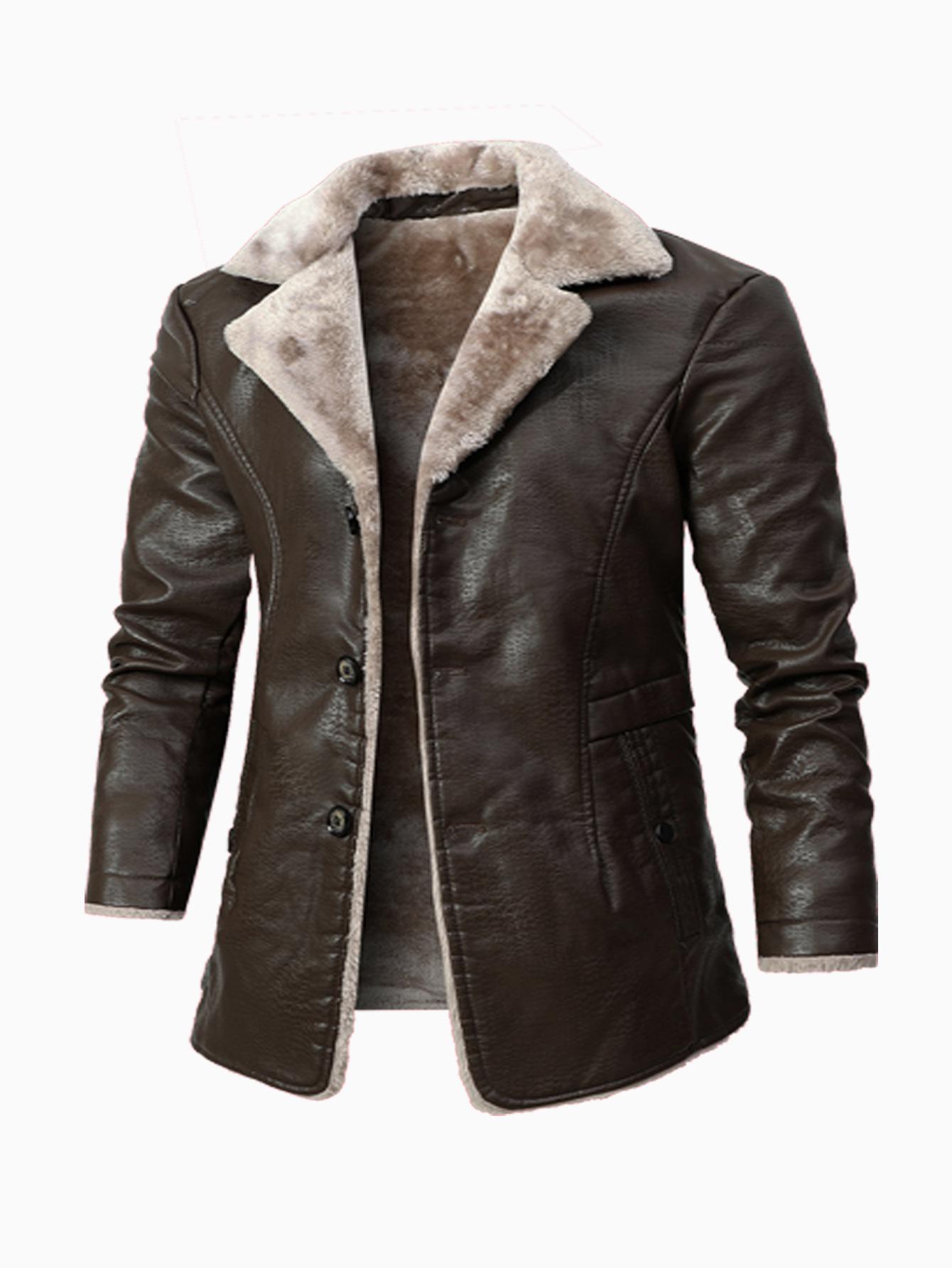 

Men s European Mid-Length PU Leather Jacket, Large, Fleece-Lined for Autumn/Winter 4XL