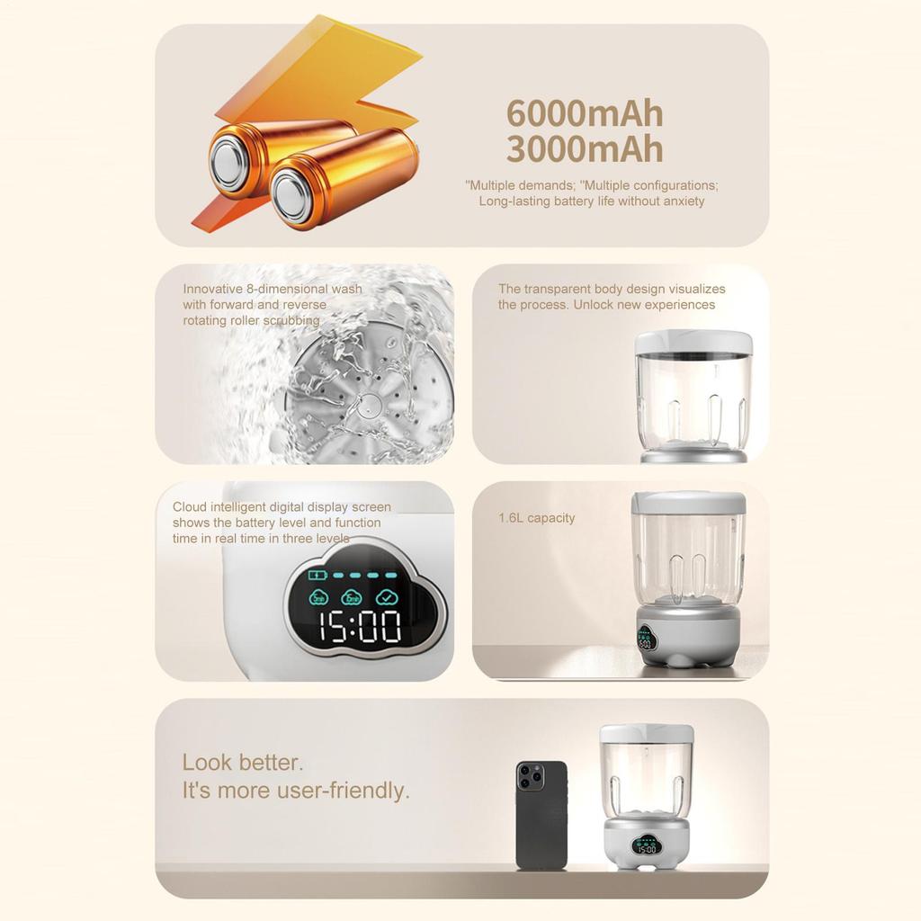 Small Washing Machine 1.6L Rechargeable Underwear Washer Panty Washing Machine For Socks Delicate Fabrics Towels Laundry