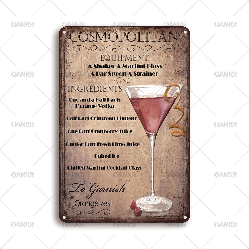 Vintage Art Cocktail Poster Metal Tin Sign Cocktail Recipe Metal Signs for Home Pub Bar Wall Decor Plaque 20x30cm（7.8x11.8inch）