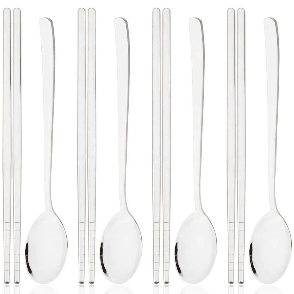 8pcs Gold Stainless Steel Cutlery Set Western Mirror Flatware Set Korean Style Spoon Chopsticks Dinnerware Set Kitchen Tableware