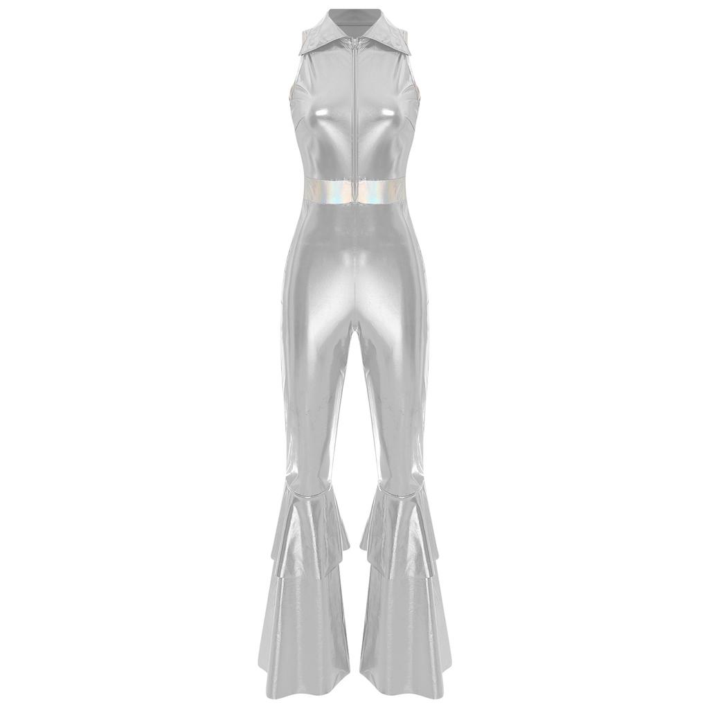 Women Shiny Metallic 70s Disco Costume Lapel Collar Sleeveless High Waist Flared Jumpsuit Disco Dance Outfit