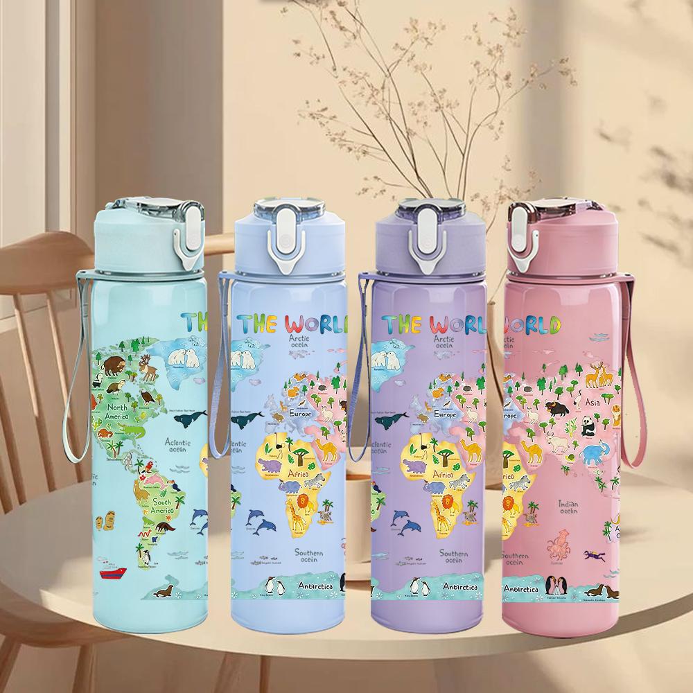 1PC Multicolor Vintage World Map Layout 750ml Color Plastic Water Bottle Leakproof Flip Straw Lid For Sports Office Home Use