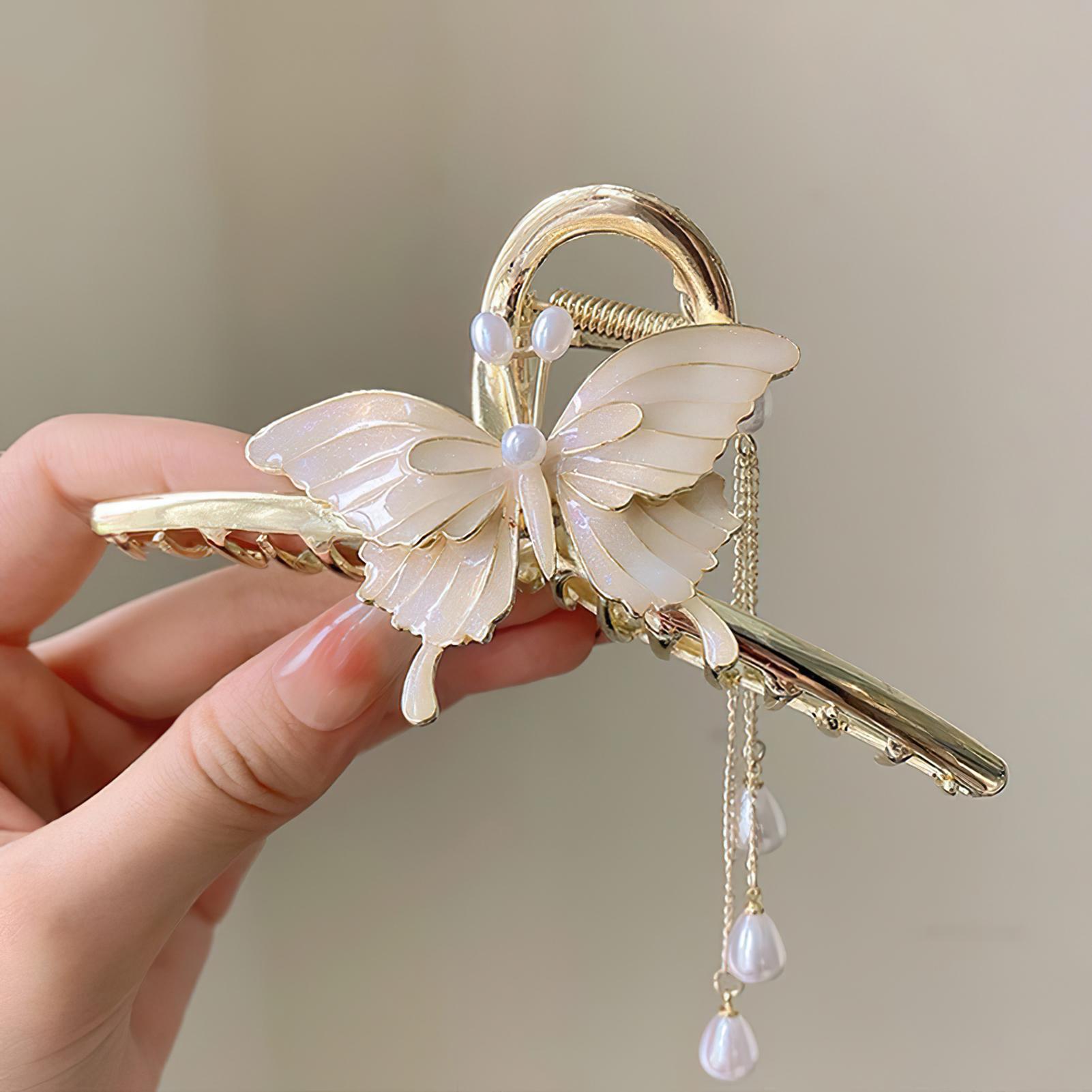 

Elegant Butterfly Hair Claw Clips Women Girls Ponytail Holder Super Fairy Pearls Chain Tassel Hairpins Hair Accessories